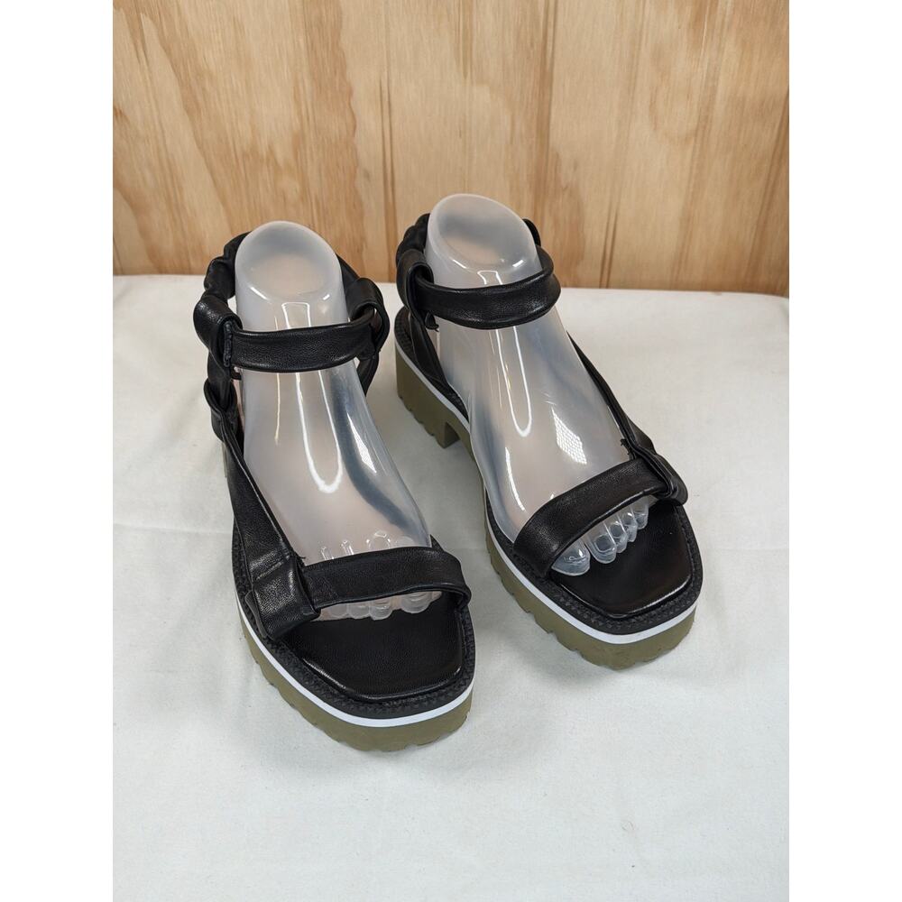 ALL BLACK Platform Lug Sole Sandal Black Leather Ankle Strap EU39.5/US9 NWOB